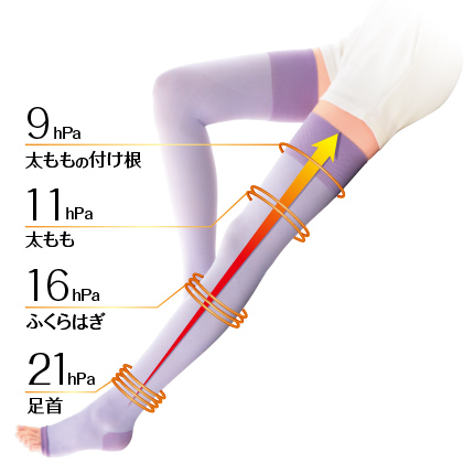 足首 21hPa／ふくらはぎ 16hPa／太もも 11hPa／太ももの付け根 9hPa／
