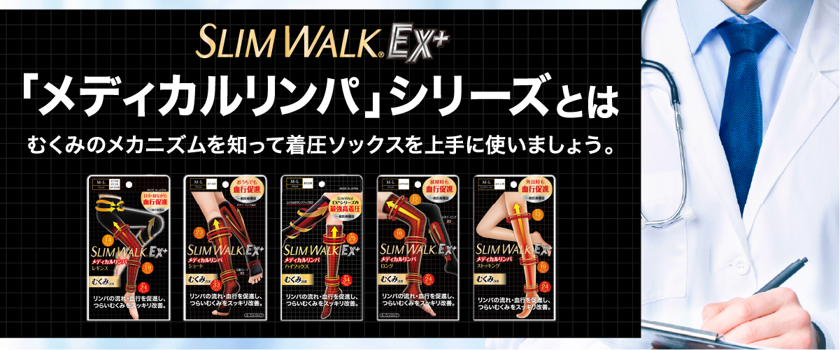 スリムウォーク「メディカルリンパ」シリーズとは むくみのメカニズムを知って着圧そっくを上手に使いましょう。